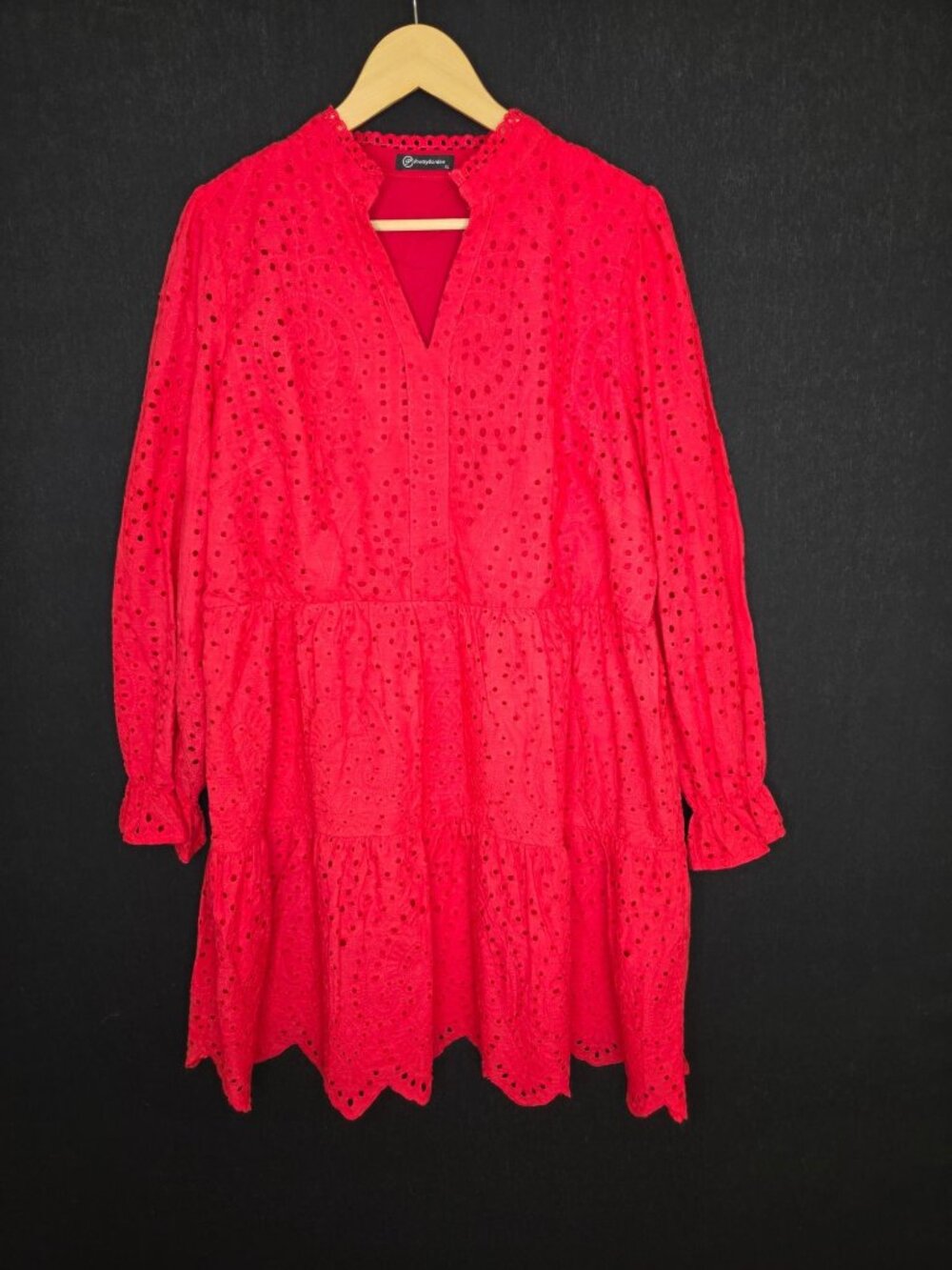 💙 PrettyGarden Red Eyelet Cotton Tiered Fuchsia Dress Size XL Long Sleeve Boho